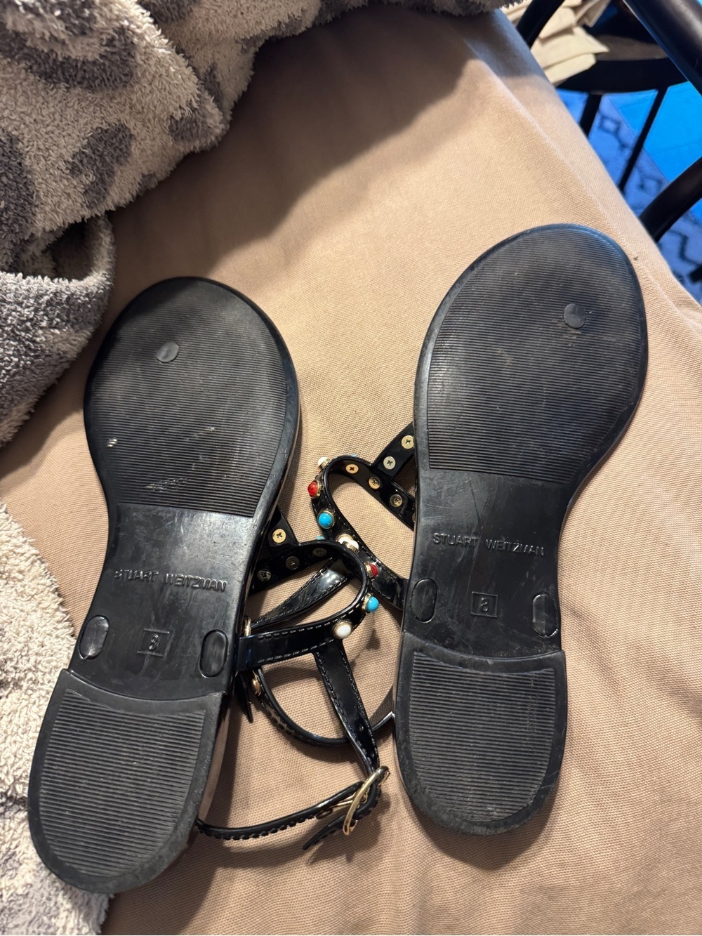 Stuart Weitzman Black T-Strap Sandals with Red, Turquoise & Pearl Studs - Picture 3 of 3